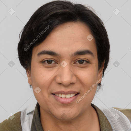 Joyful latino young-adult male with short  brown hair and brown eyes