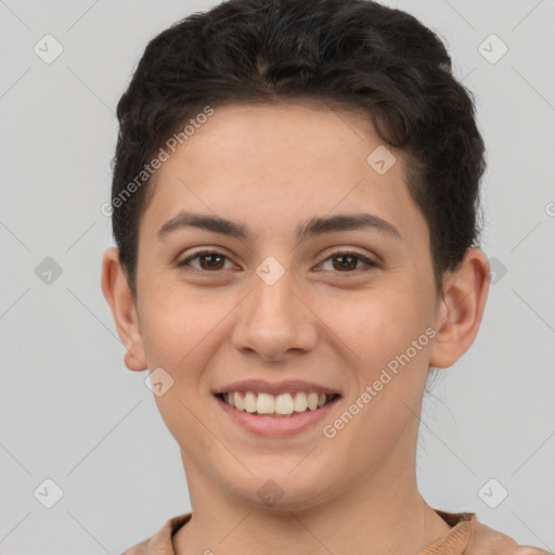 Joyful white young-adult female with short  brown hair and brown eyes