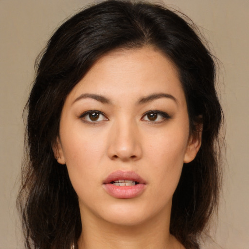 Neutral asian young-adult female with long  brown hair and brown eyes