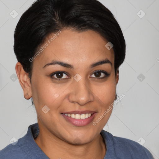 Joyful white young-adult female with short  brown hair and brown eyes