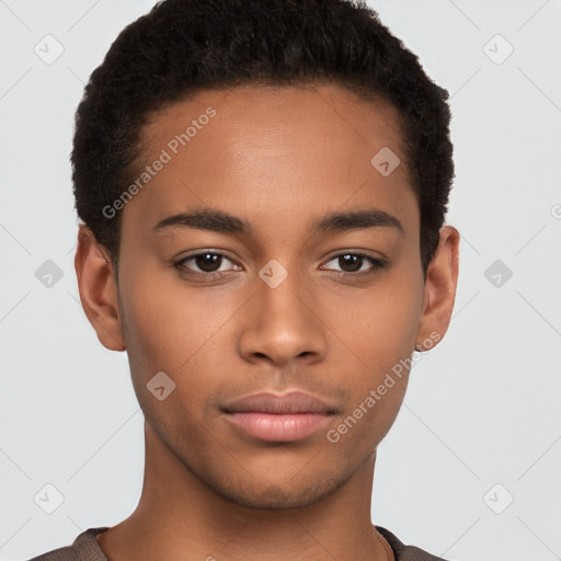 Neutral latino young-adult male with short  brown hair and brown eyes