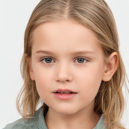 Neutral white child female with medium  brown hair and grey eyes