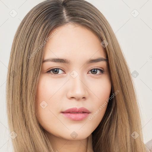 Neutral white young-adult female with long  brown hair and brown eyes