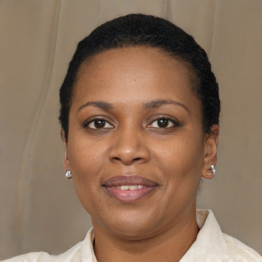 Joyful black adult female with short  black hair and brown eyes