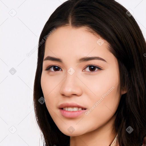 Joyful white young-adult female with long  brown hair and brown eyes