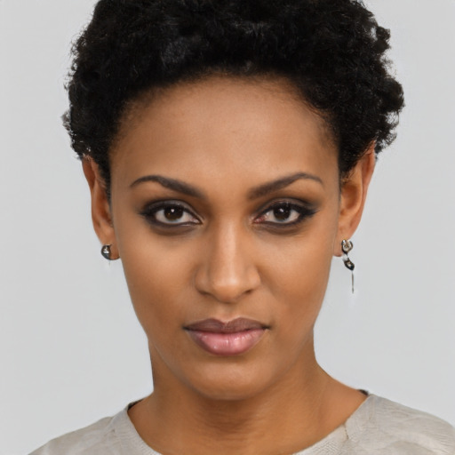 Neutral black young-adult female with short  black hair and brown eyes