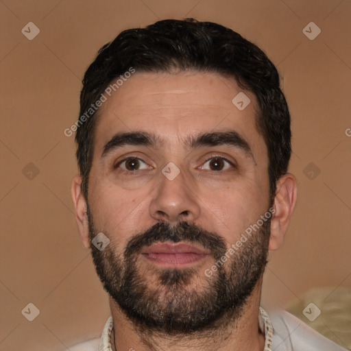 Neutral white adult male with short  black hair and brown eyes