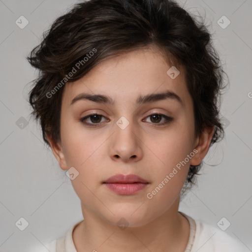 Neutral white young-adult female with medium  brown hair and brown eyes