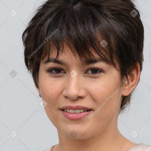 Joyful white young-adult female with medium  brown hair and brown eyes