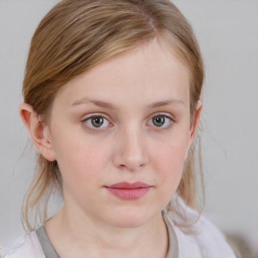 Neutral white child female with medium  brown hair and blue eyes