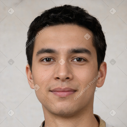 Neutral white young-adult male with short  black hair and brown eyes