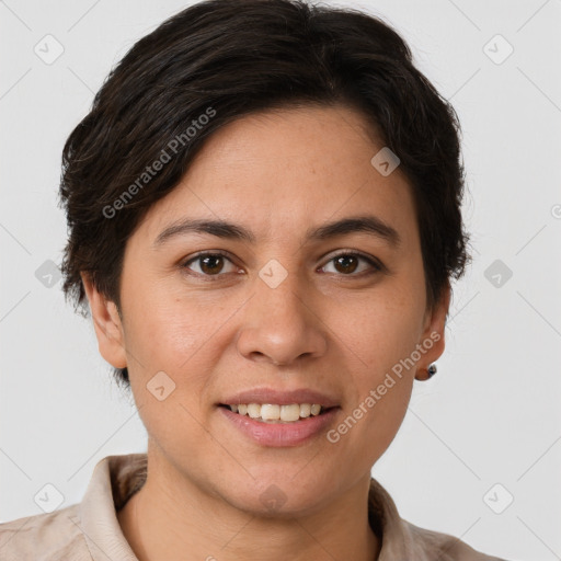 Joyful white young-adult female with short  brown hair and brown eyes