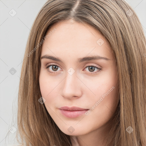 Neutral white young-adult female with long  brown hair and brown eyes