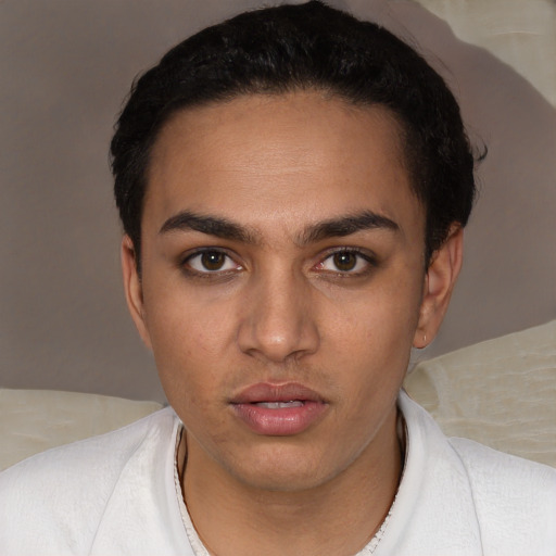 Neutral white young-adult female with short  black hair and brown eyes