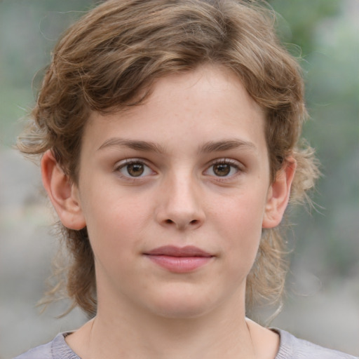 Joyful white child female with medium  brown hair and brown eyes