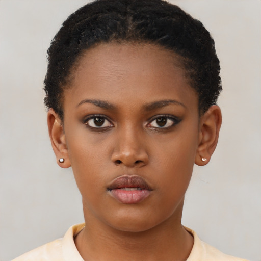 Neutral black young-adult female with short  brown hair and brown eyes
