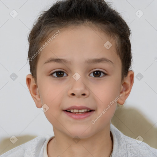 Joyful white child female with short  brown hair and brown eyes