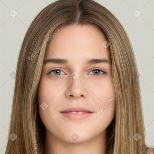 Neutral white young-adult female with long  brown hair and brown eyes