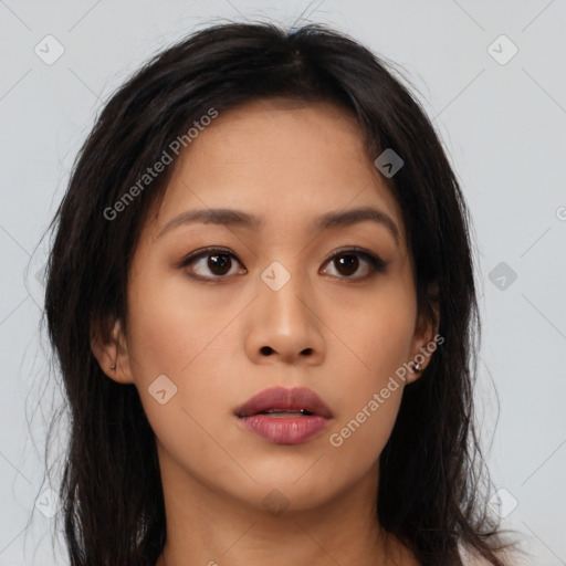 Neutral asian young-adult female with long  brown hair and brown eyes