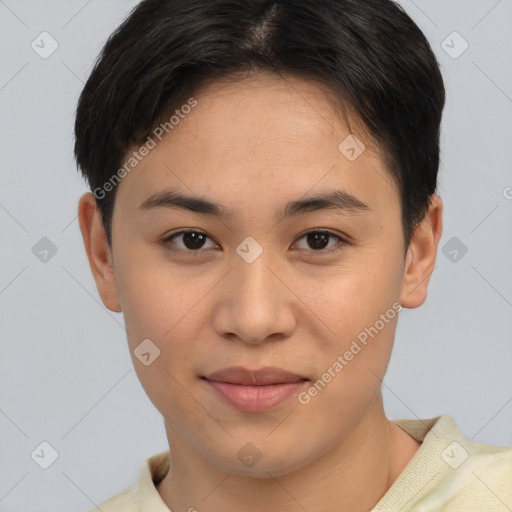 Joyful asian young-adult female with short  brown hair and brown eyes