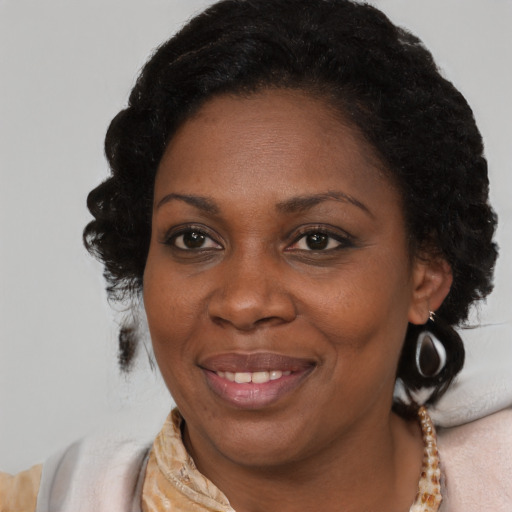 Joyful black adult female with medium  brown hair and brown eyes