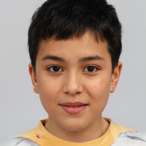 Joyful asian child male with short  brown hair and brown eyes