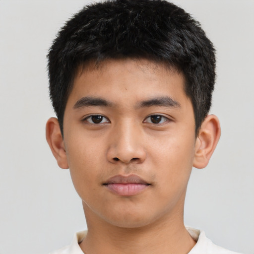 Neutral asian child male with short  black hair and brown eyes
