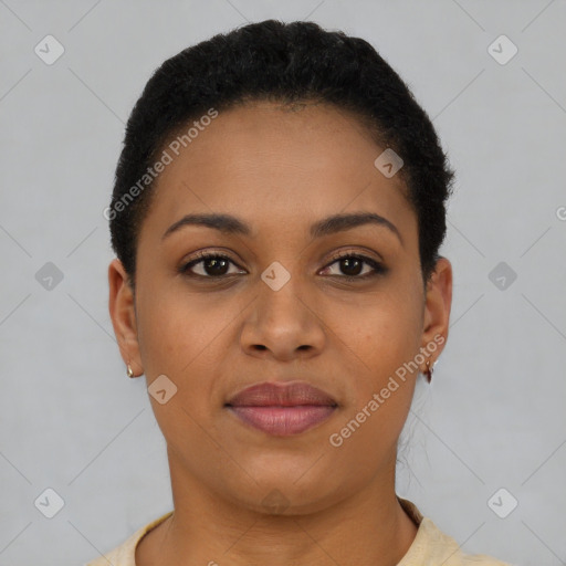 Joyful latino young-adult female with short  brown hair and brown eyes