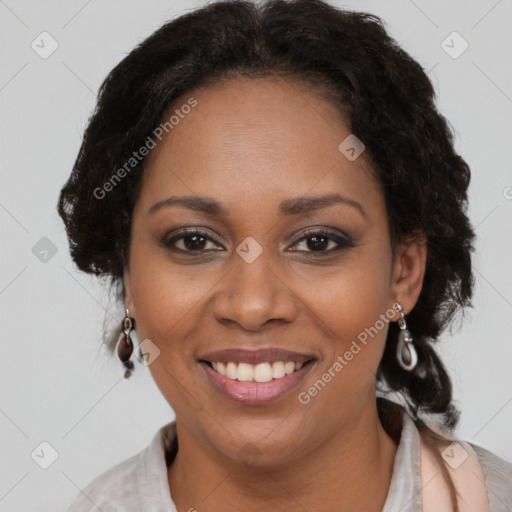 Joyful latino adult female with medium  brown hair and brown eyes