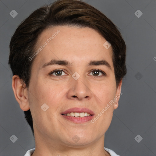 Joyful white adult female with short  brown hair and brown eyes