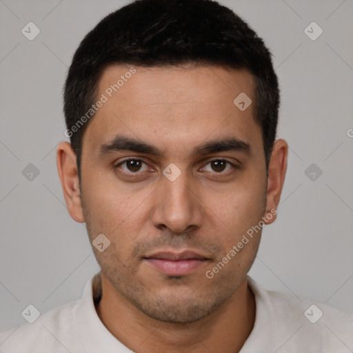 Neutral white young-adult male with short  brown hair and brown eyes