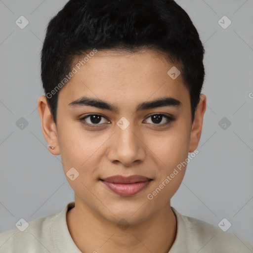 Joyful latino young-adult female with short  brown hair and brown eyes