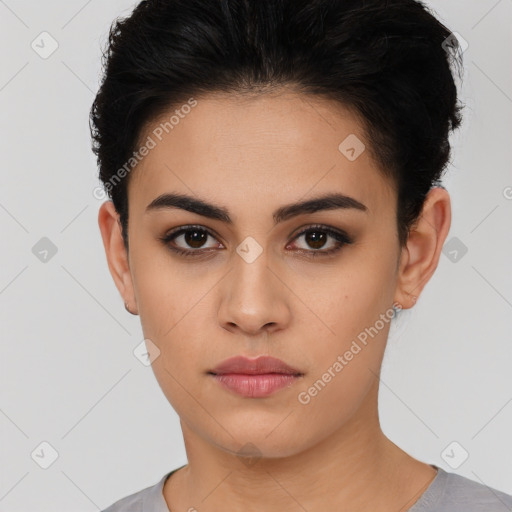 Neutral latino young-adult female with short  black hair and brown eyes