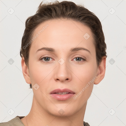 Neutral white young-adult female with short  brown hair and brown eyes