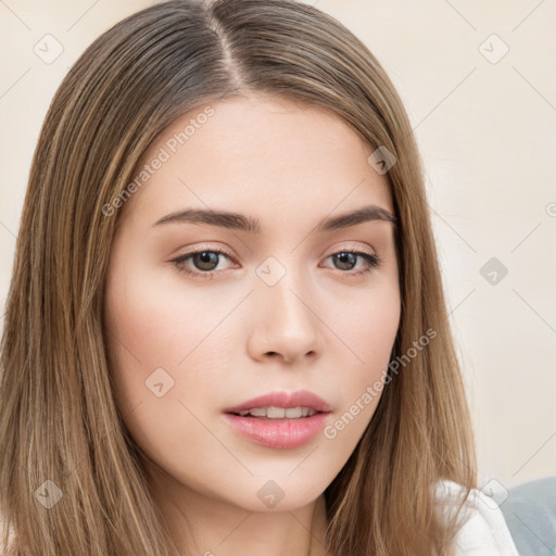 Neutral white young-adult female with long  brown hair and brown eyes