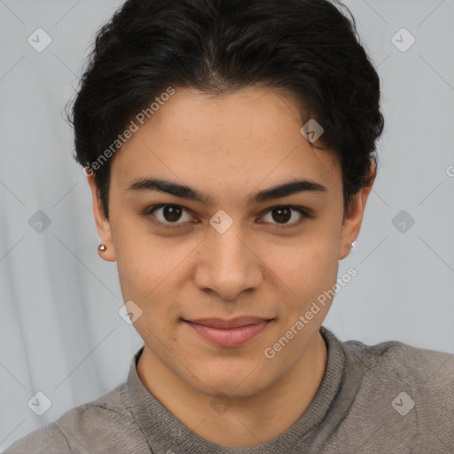 Joyful latino young-adult female with short  brown hair and brown eyes