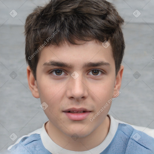 Joyful white child male with short  brown hair and brown eyes