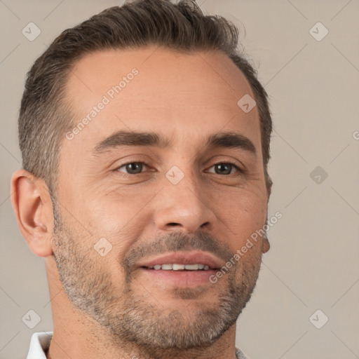 Neutral white adult male with short  brown hair and brown eyes