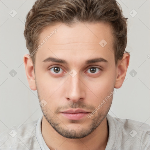 Neutral white young-adult male with short  brown hair and brown eyes