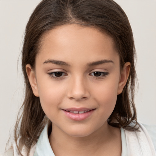 Joyful white child female with medium  brown hair and brown eyes