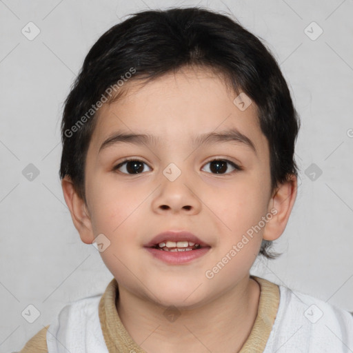 Joyful white child female with medium  brown hair and brown eyes