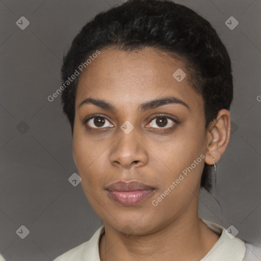 Neutral black young-adult female with short  black hair and brown eyes