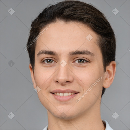 Joyful white young-adult female with short  brown hair and brown eyes