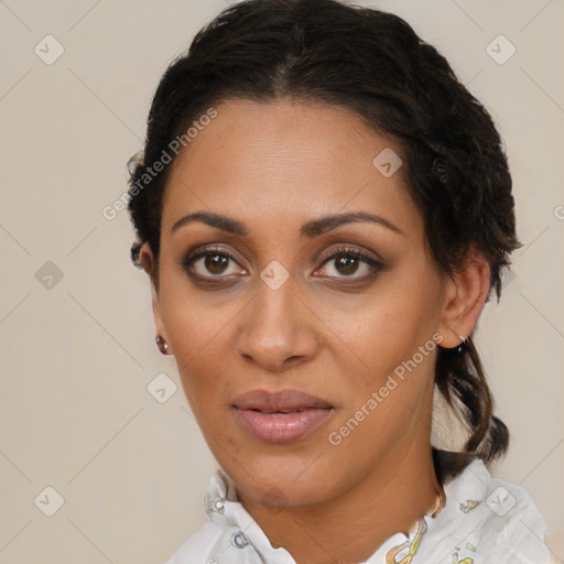 Joyful latino young-adult female with short  brown hair and brown eyes