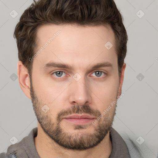 Neutral white young-adult male with short  brown hair and grey eyes