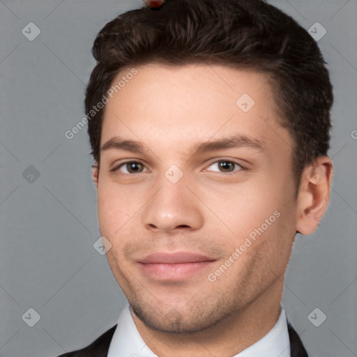 Neutral white young-adult male with short  brown hair and brown eyes