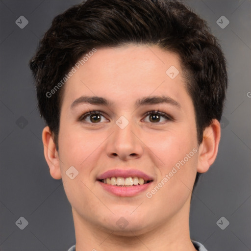 Joyful white young-adult female with short  brown hair and brown eyes