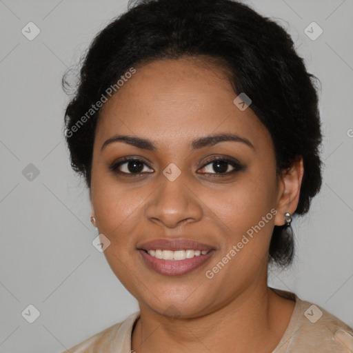 Joyful black young-adult female with medium  brown hair and brown eyes