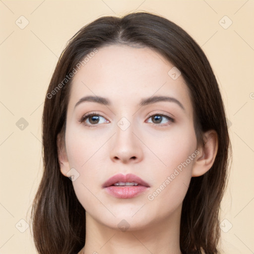 Neutral white young-adult female with long  brown hair and brown eyes