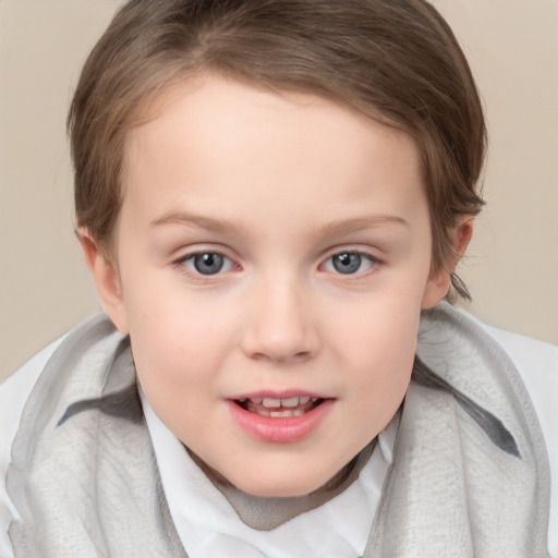 Joyful white child female with medium  brown hair and blue eyes